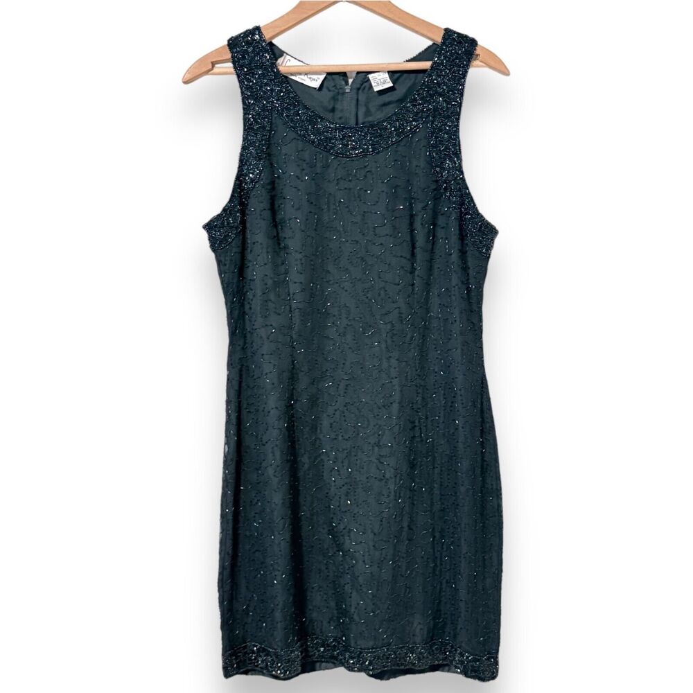 Laurence Kazer Beaded Short Sexy Black Vintage Mini Dress Large Goth Whimsy 90s